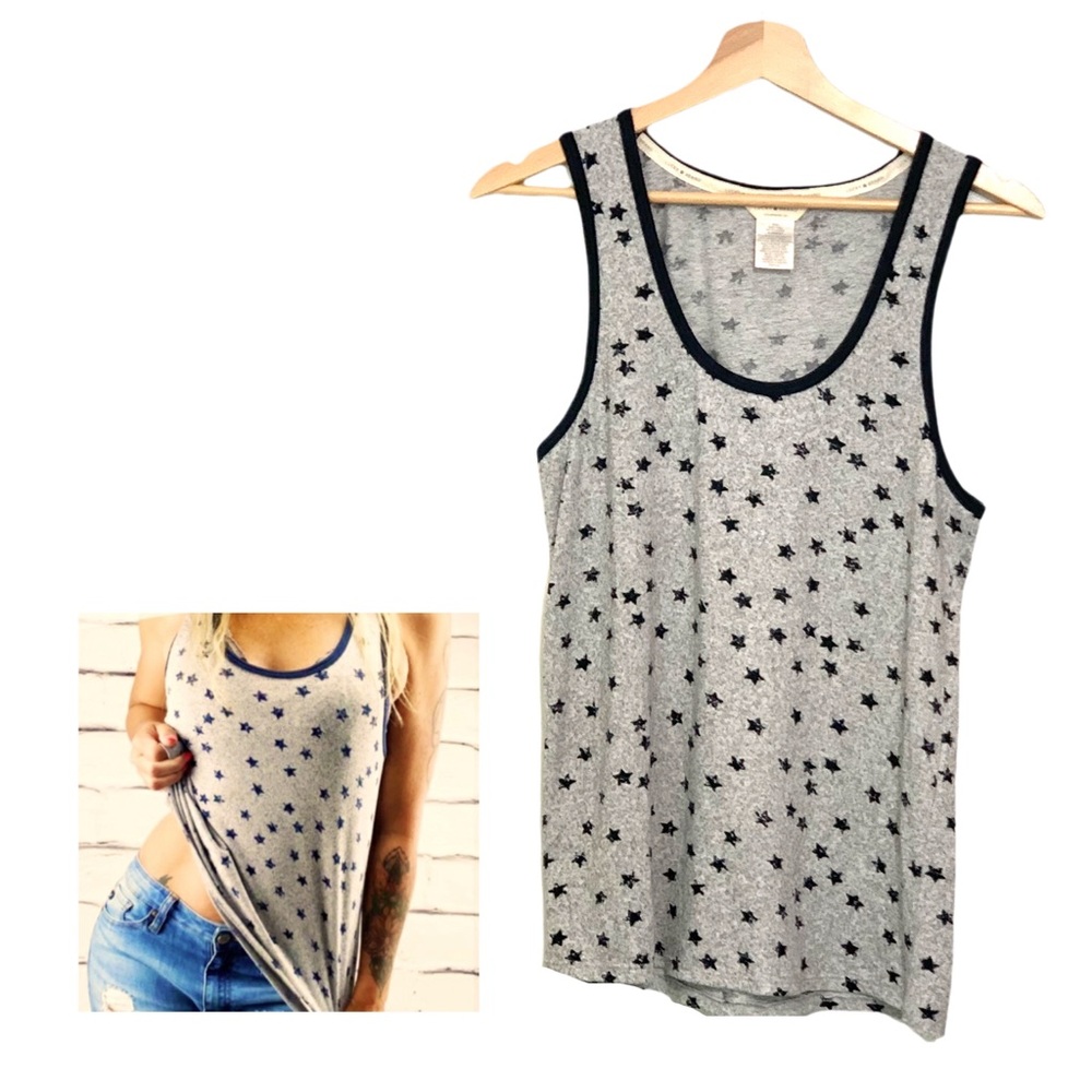 Lucky Brand Gray with Navy Blue Star Print Women's Tank Top Size Small Y2K